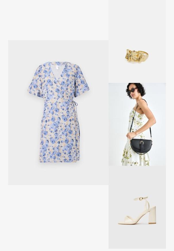 Oblačilna obleka iz teksturirane lahke tkanine, ki ima moder cvetlični vzorec na svetli podlagi. Kratke rokave in pas z vezanjem.; Sandali s peto v kremni barvi, z odprtim prstom, debelim blokastim petam, tankim gležnjarjem in subtilnim sijajem. Zaponka na traku.; Črna usnjena torbica s ukrivljeno obliko, z odstranljivo naramnico in zlatimi dodatki. Torbica ima pokrov s podrobnostmi v obliki zaponke.; Zlati prstan z teksturiranim, valovitim dizajnom, ki ima tri izrazite vrhove. Gladka, sijoča površina z odprtim pasom za prilagodljivo prileganje.