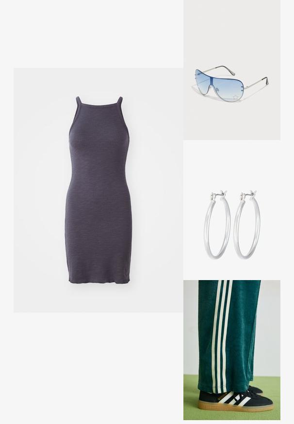 Uska haljina tijela u tamnoplavoj boji, s tankim trakama i uskim siluetom, izrađena od rastezljive pletene tkanine.; Zelene teksturirane hlače s bijelim bočnim prugama, u paru s crnim Adidas tenisicama koje imaju tri bijele pruge i gumenim đonom.; Naočale tipa avijatičar s gradijentnim plavim staklima, okvirom od srebrnog metala i dekorativnim zvjezdastim naglascima na staklima. Glatki i elegantni dizajn.; Srebrne kružne naušnice s glatkom, poliranom površinom. Okrugli oblik i sigurno kopčanje na klik. Lagani dizajn pogodan za svakodnevno nošenje.