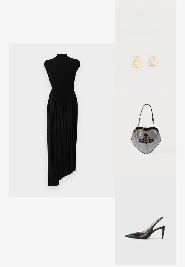 Fekete ujjatlan ruha magas nyakkal, testhezálló felsőrésszel és aszimmetrikus, redőzött szoknyával. Puha tapintású, sima anyagból készült.; Fekete bőrből készült, hegyes orrú, állítható pánttal rendelkező magassarkú szandál, elegáns tűsarokkal, sima felülettel.; Szív alakú, hálós táska fényes fémes felülettel, kék, sárga és piros macska- és bolygó mintával. Fém lánc pántot tartalmaz.; Arany színű fülbevalók, amelyek a Szaturnusz dizájnját követik, textúrált sávval és beágyazott kör alakú kristályokkal a még nagyobb csillogásért.