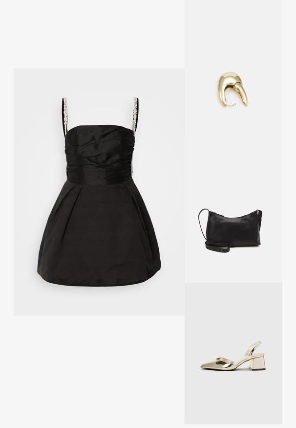 Melna kleita ar pieguļošu augšdaļu un izplestu svārku. Izceļas ar ruched detaļām un pērlītēm ap siksnām, piešķirot papildus tekstūru un nianses.; Zeltaini, metāla kurpes ar siksniņām, norakans purngalis un masīla papēdis. Gluda tekstūra, minimālisma dizains un šaura siksna.; Melna ādas plecu soma ar gludu tekstūru, izliekta forma, regulējama siksna un rāvējslēdzēja aizdare. Minimālistisks dizains bez rotājumiem.; Zeltīti metāla auskari ar gludu, izliekta dizaina. Ar atšķirīgu smailu formu, pulētu virsmu un eņģu aizdari.