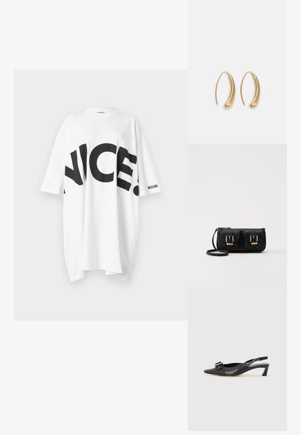 Vit oversized t-shirt med fet svart text "NICE." över framsidan. Korta ärmar och "MOSCHINO"-logotyp på ena ärmen. Mjukt, avslappnat tyg.; Svart lädersko med slingback, spetsig tå, liten klack och dekorativ spänndetalj på ovansidan. Slät struktur, minimalistisk design.; Svart läderaxelväska med två framfickor, guldspännen, dragkedjestängning och en smal rem. Texturerad yta och kompakt rektangulär form.; Guldtonade metallörhängen i en kurvad, avlång form. Har en slät, glänsande yta och en rundad spets för en extra detalj.