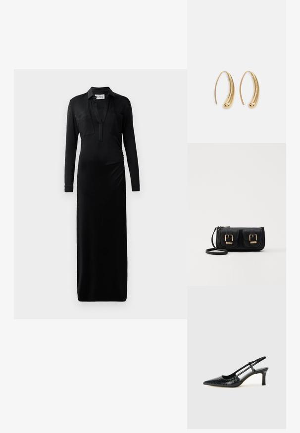 Czarna długa sukienka maxi z gładkiego materiału, z kołnierzykowym dekoltem, dwoma kieszeniami na piersiach i marszczonym detalem po boku, zapewniającym dodatkowy kształt.; Czarne lakierowane czółenka na obcasie typu slingback z wąskim noskiem, z teksturowanym wzorem wężowym, regulowanym paskiem oraz krótkim, teksturowanym obcasem w kształcie słupka.; Czarna skórzana torba na ramię z dwoma przednimi kieszeniami, złotymi klamrami, zamkiem błyskawicznym i cienkim paskiem. Teksturowana powierzchnia i kompaktowy prostokątny kształt.; Złote metalowe kolczyki w kształcie obręczy o zakrzywionym, wydłużonym kształcie. Posiadają gładką, błyszczącą powierzchnię oraz zaokrąglony koniec dla dodatkowego efektu.