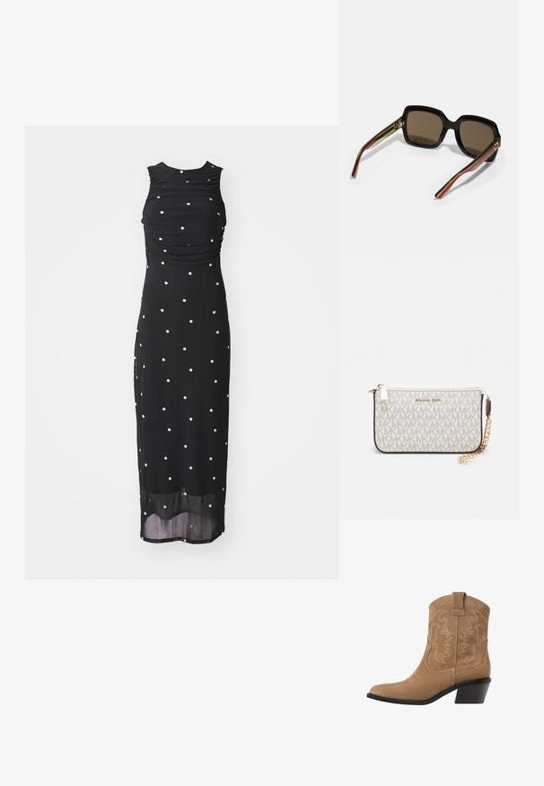 Čierne bezrúškové šaty s nariaseným živôtikom a bielymi bodkami, s polovičnou dĺžkou a priesvitným spodným lemom. Hladká textúra látky.; Hnedé semišové westernové členkové čižmy s špicatou špičkou, vyšívaným dizajnom a nízkym, stohovaným čiernym podpätkom. Obsahujú úchyty na jednoduché obúvanie.; Čierne nadmerné slnečné okuliare s hnedými sklami. Majú jedinečné pruhované ramienka v zelenej a červenej farbe, a zlaté akcenty. Štvorecový tvar.; Michael Kors zápästná taška v béžovej potiahnutej plátenej tkanine s opakujúcim sa vzorom loga MK, zlatým kovania a odnímateľným reťazovým popruhom.