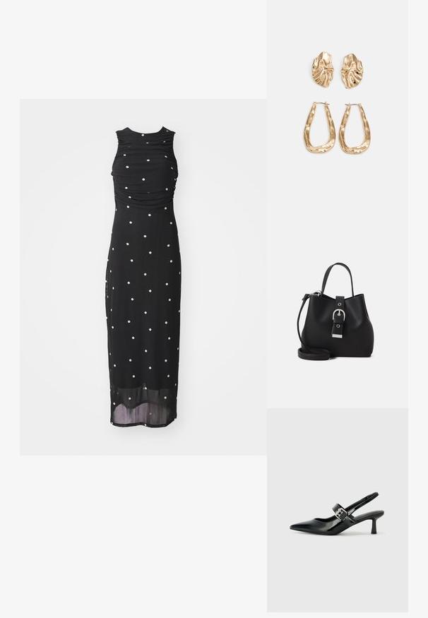Rochie neagră fără mâneci, cu un bust strâns și cu buline albe, având un design de lungime medie și o margine inferioară transparentă. Textură de țesătură netedă.; Sandale cu toc din piele patent neagră, cu vârful ascuțit și un toc mic bloc, având un accent cu cataramă argintie pe curea.; Geantă de tip bucket neagră, realizată din piele netedă, cu o formă structurată, maner scurt și bretele de umăr detașabilă. Detaliu cu cataramă argintie.; Cercei aurii cu forme texturate și ondulate. Include studs sculpturale cu clip și un design de cerc deschis cu un finisaj cioplit.
