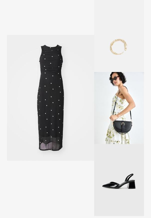 Vestido negro sin mangas con un cuerpo fruncido y lunares blancos, con un diseño de longitud media y un dobladillo inferior transparente. Textura de tela suave.; Zapatos de tacón slingback de charol negro con punta afilada y tacón geométrico en bloque. Presentan un diseño elegante y minimalista, así como una textura suave.; Bolso de piel negra con forma curva, correa desmontable y herrajes dorados. El bolso cuenta con una solapa con un detalle de hebilla.; Anillo en tono dorado con un diseño orgánico y retorcido, con una textura suave y extremos cónicos, creando una apariencia moderna y escultórica.