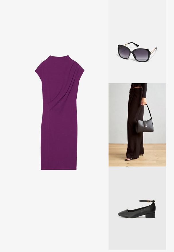 Lilla midi-kjole med høj halsudskæring, korte ærmer og plisseret detaljer bagpå. Glat, strækbart stof, tætsiddende design.; Sorte læderpumper med spids tå og en lav blokhæl. Har en ankelrem med en guldfarvet spænde. Glat tekstur.; Sorte oversized solbriller med gradientlinser, tykke stel og guldfarvet kæde detaljer på tempelarmene.; Sort håndtaske med struktureret form, glat overflade og metalspænde. Sammen med brede sorte bukser og sandaler med åben tå på trægulv.