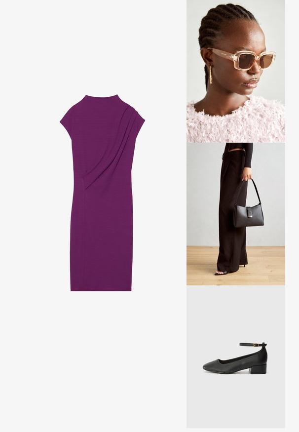 Violet midi kleita ar augstu kakla izgriezumu, īsām piedurknēm un plisēta detaļām aizmugurē. Gluda, elastīga auduma, pieguļoša forma.; Melnas ādas sūkņi ar smailu purngalu un zemu bloku papēdi. Iezīmēts ar potītes siksniņu ar zelta krāsas sprādzi. Gluda tekstūra.; Beige pārspīlētas saulesbrilles ar caurspīdīgu rāmi un brūnām tonētām lēcām, ar smalkām ziedu akcentiem un izteiksmīgu ģeometrisku dizainu.; Melnā somiņa ar strukturētu formu, gludu tekstūru un metālu sprādzi. Saskaņota ar platām melnām biksēm un sandālēm ar atvērtu purngalu uz koka grīdas.