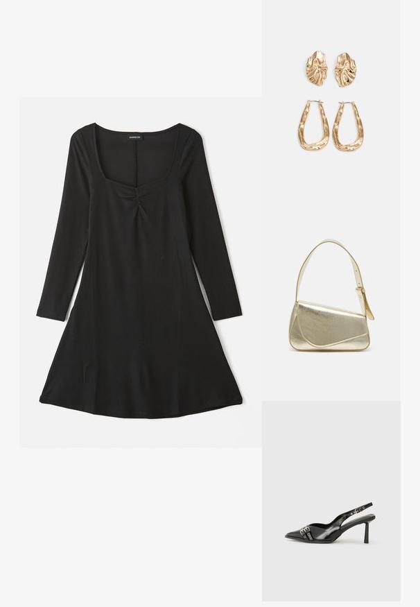 Črna dolga obleka z dolgimi rokavi, ki ima kvadratni izrez, nabran detajl na sprednjem delu in A-linijsko silhueto z rebrasto teksturo.; Črne patentne usnjene sandale s koničastim nosom, zankami okoli gležnja s srebrnimi sponkami in opremo ter vitkimi petami.; Zlata metalna torbica z urejenim dizajnom, gladko teksturo in nastavljivim trakom. Ima edinstveno trikotno obliko in minimalistično šivanje.; Zlato obarvani uhani z teksturiranimi, valovitimi oblikami. Vključujejo skulpturalne sponke za ušesa in odprto obliko obročka s kladivastim finišem.