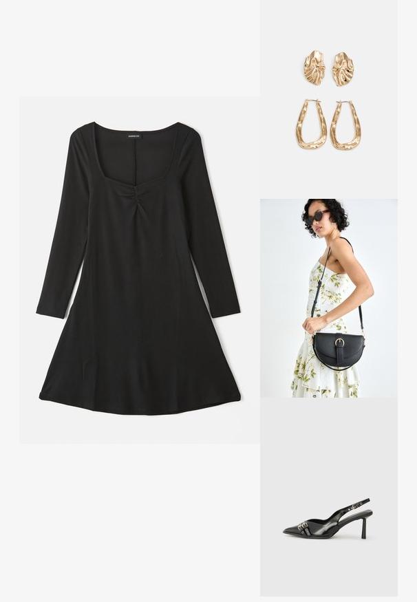 Svart langermet kjole med firkantet hals, drapering foran og A-formet silhuett med ribbestruktur.; Sorte patentlær slingback-sko med spiss tå, ankelremmer med sølvspenner og detaljer, og en slank hæl.; Svart lærveske med en buet form, avtagbar stropp og gullbeslag. Vesken har et klaff med spenne-detall.; Gullfargede øredobber med teksturerte, bølgete former. Inkluderer skulpturelle klipsstuds og åpen hoop-design med en hamret finish.