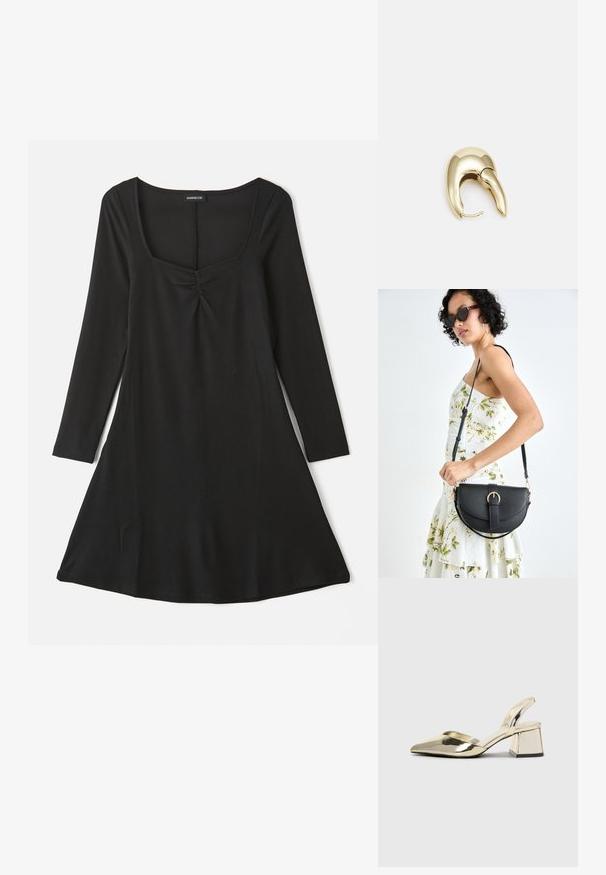 Juodas ilgomis rankovėmis suknelė su kvadrato formos iškirpte, susiraukšlėjimu priekyje ir A formos siluetu su reljefine tekstūra.; Auksiniai, metaliniai slingback aukštakulniai bateliai su smailiu pirštu ir masyviu kulnu. Lygus paviršius, minimalizmo dizainas ir siaura juostelė.; Juodas odinis krepšys su išlenkta forma, nuimamu dirželiu ir auksiniais detalėmis. Krepšys turi kilpą su sagtimi.; Aukso tono metalinės auskarai su stilingu, kreiviu dizainu. Išsiskiria ryškiu smailiu pavidalu, poliruota paviršiumi ir užsegimu su vyriu.