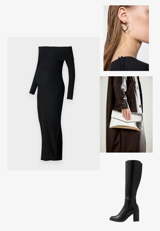 ONLY MATERNITY OLMESMERALDA DRESS - Žerzejové šaty - black; Černé lesklé vysoké kozačky na podpatku do poloviny lýtek s kulatou špičkou, hladkým povrchem, bočním výřezem a robustním sloupkovým podpatkem.; Stříbrná metalická kabelka ve tvaru klínového obálkového designu, hladké textury a s kontrastní barvou uvnitř, držena v ruce s černým kabátem.; Stříbrný kruhový náušník s lesklým povrchem, zdobený malými zlatými akcenty, v kulatém tvaru, nošený na lalůčku.