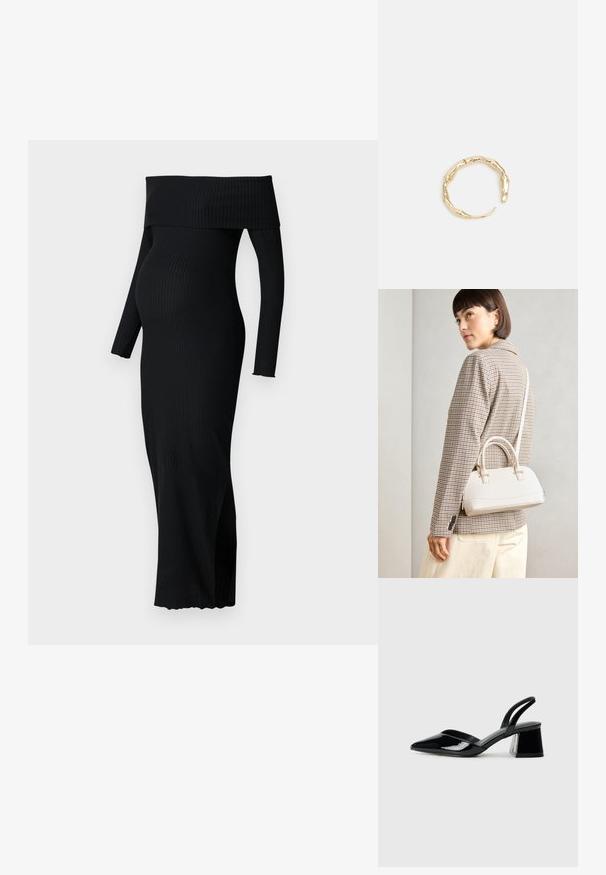 ONLY MATERNITY OLMESMERALDA DRESS - Trikotāžas kleita - black; Melna lakota āda ar atvērto papēdi, ar smailu purngalu un ģeometrisku blokpapēdi. Iezīmējas elegants, minimāls dizains un gluda tekstūra.; Balta strukturēta roku soma ar īsām rokturiem un plecu siksnu, ar zelta aparatūras akcentiem un strukturētu materiālu, izstādīta uz pelēka fona.; Zelta toņa gredzens ar organisku, vērptu dizainu, gludu virsmu un sašaurinātiem galiem, radot mūsdienīgu, skulpturālu izskatu.