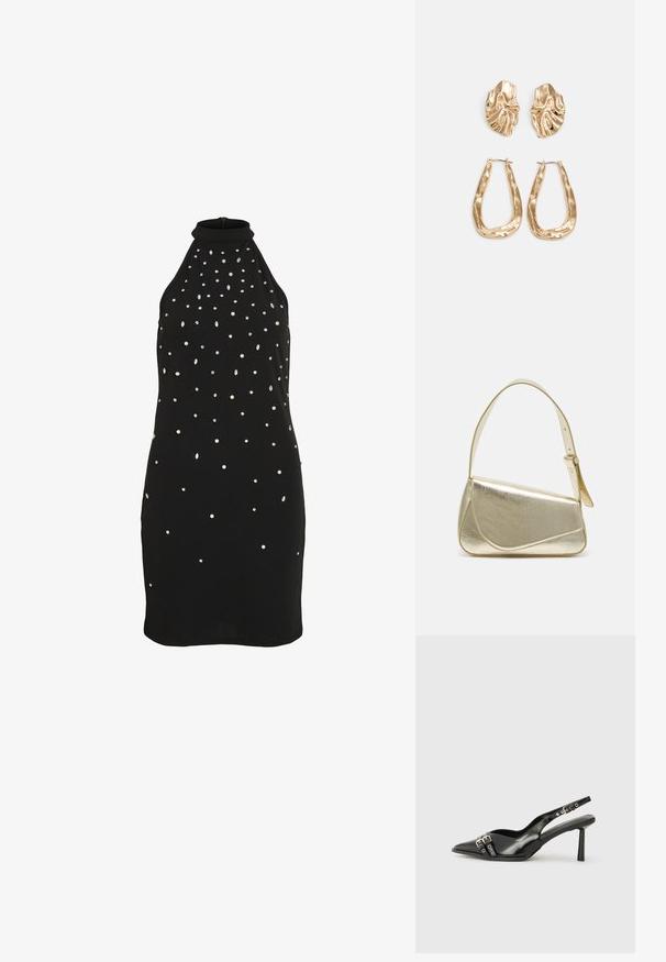 Svart halter-neck klänning med en figurnära design och spridda vita pärlor samt silverpaljetter för extra textur och detaljer.; Svart lackläder slingbacksko med spetsig tå, ankelremmar med silverfärgade spännen och detaljer samt en smal klack.; Guldfärgad metallhandväska med en strukturerad design, slät textur och justerbar rem. Har en unik triangulär form och minimalistisk sömnad.; Örhängen i guldton med texturerade, vågiga former. Inkluderar skulpturala clip-on-stift och öppen hoop-design med hamrad finish.