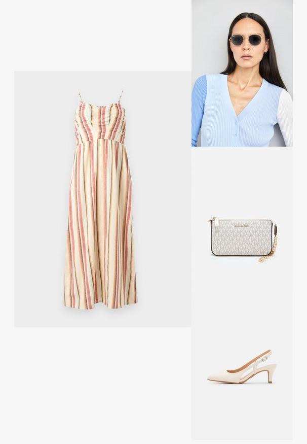 Robe maxi en tissu crème avec des rayures verticales multicolores en rouge, bleu et gris. Dotée de bretelles spaghetti et d'un corsage froncé.; Talons aiguilles blanches à bride arrière avec un bout pointu, un dessus lisse, un petit talon carré et un design avec découpes latérales et sangle réglable.; Lunettes de soleil rondes avec verres sombres et monture en or. Le modèle porte un cardigan à côtes bleu clair avec des boutons et des manches blanches contrastantes.; Porte-monnaie Michael Kors en toile enduite beige avec un motif répété de logo MK, des accessoires en or et une bandoulière en chaîne amovible.