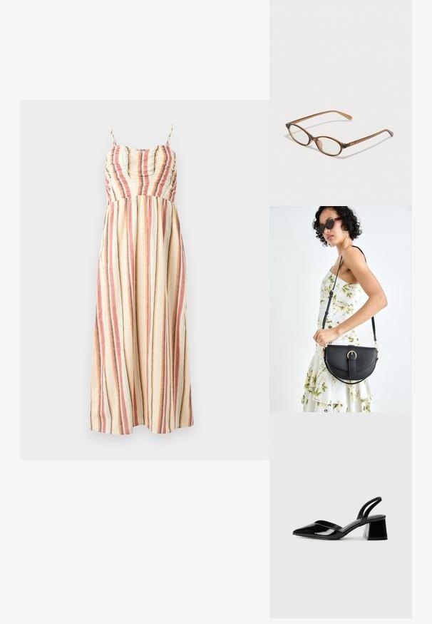 Maxikjol i cremefärgad tyg med flerfärgade vertikala ränder i röd, blå och grå. Har spagettiband och en samlad bodice.; Svarta lackläder slingback klackar med spetsig tå och geometrisk klack. Har en elegant, minimalistisk design och slät yta.; Bruna sköldpaddsformade glasögon med ovala linser, tunna skalmar och transparanta detaljer. Innehåller en diskret logotyp på bågen. Snygg, lätt design.; Svart läderhandväska med en böjd form, avtagbar rem och guldiga detaljer. Väskan har ett lock med en spänndetalj.