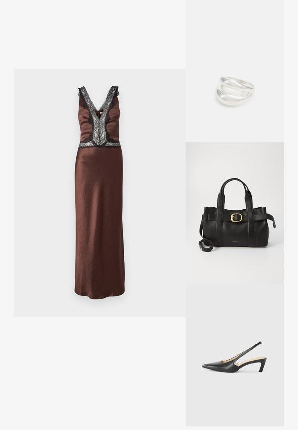 Ruda satino suknelė su V formos декольте, juodos spalvos nėriniai ir tiesi siluetas. Suknelė turi nėrinių akcentus ant pečių kraštų.; Juodas smailus slingback batelis su žemu kulnu, pagamintas iš lygaus odos paviršiaus ir su išpjovomis šone, užtikrinančiomis oro pralaidumą.; Juodas odinis rankinės maišas su struktūrizuotu dizainu, dviem viršutinėmis rankenomis, auksinės spalvos sagtimi ir iškilniu prekės ženklu priekyje.; Sidabrinis dvigubas žiedas su lygiu, poliruotu paviršiumi. Pasižymi sklandžiu, kreiptu dizainu su persipinančiomis dalimis, suteikiančiomis modernų išvaizdą.