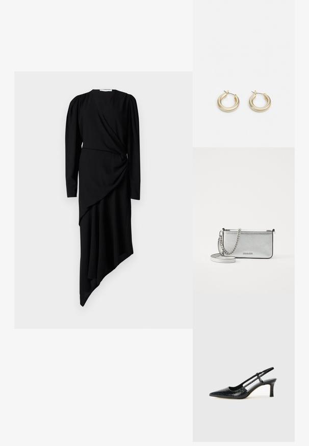 A fekete, hosszú ujjú ruha megkötős dizájnnal, aszimmetrikus szegéllyel és a deréknál ráncolt részletekkel rendelkezik, sima anyagból készült.; Fekete lakk slingback sarok, hegyes orral, texturált kígyómintával, állítható pánttal és rövid, texturált tömbsarkal.; Ezüst bőr keresztpántos táska texturált felülettel, lánc- és pántdíszítéssel, valamint cipzáras záródással. Elöl logó található.; Lauren Ralph Lauren BASIC SMALL HOOP - Fülbevalók - gold-coloured