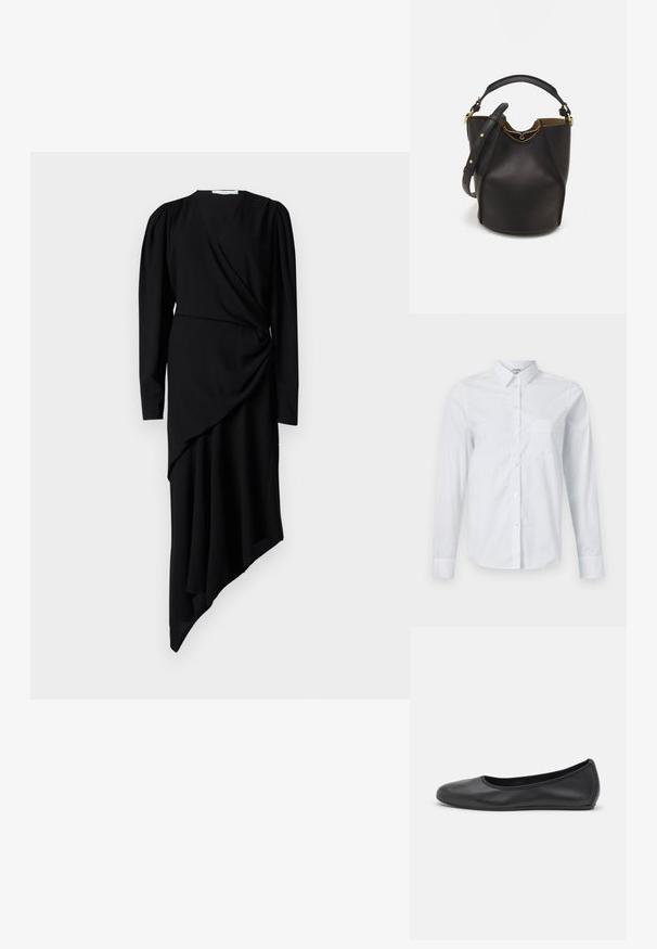 Čierne šaty s dlhým rukávom majú zavinovací dizajn, asymetrický lem a nariasenie v oblasti pásu vyrobené z hladkého materiálu.; Biely dlhý rukáv košeľa vyrobená z bavlny. Má gombíkovú prednú časť, špicatý golier a náprsné vrecko na ľavej strane.; Čierne kožené baleríny s okrúhlou špičkou, hladkým povrchom, minimálnym prešívaním a flexibilným dizajnom podrážky.; Čierna kožená vedro taška s textúrovaným povrchom, zlatými kovovými detailami a otvoreným vrcholom. Obsahuje krátku rukoväť a nastaviteľný ramenný popruh.