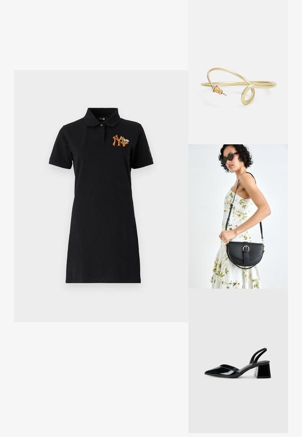 Črno polo obleko iz bombaža s prilegajočim dizajnom. Ima ovratnik, kratke rokave in oranžno vezeno logo s cvetličnimi detajli.; Črne lakirane slingback pete s koničastim nosom in geometrijsko blokasto peto. Imajo eleganten, minimalističen dizajn in gladko teksturo.; Črna usnjena torbica s ukrivljeno obliko, z odstranljivo naramnico in zlatimi dodatki. Torbica ima pokrov s podrobnostmi v obliki zaponke.; Zlato obarvan kovinski zapestnica s tekočim, ukrivljenim dizajnom. Ima majhen, izstopajoč srebrn poudarek na enem koncu.