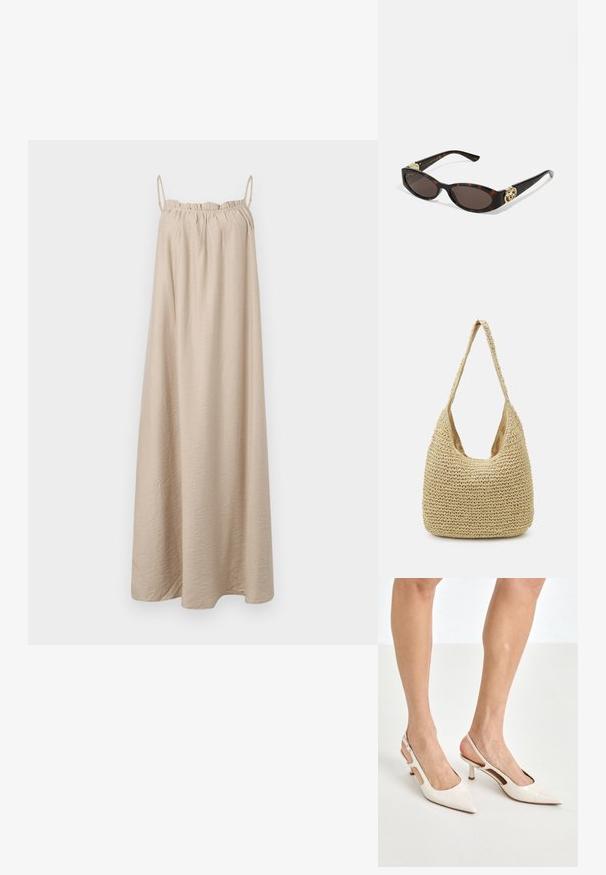 Beige maxi-kjole med tynne spagettistropper, samlet elastisk utringning, laget av myk teksturert stoff, og en gulvlengde A-linje silhuett.; Beige patent lærstøvletter med spidse tå og 5 cm hæl, med udskårne sider og en tynd ankelrem.; Skilpadde-solbriller med avlange ovale linser, brun tint, gull-logo aksenter på stengene og elegante svarte armer.; Vevd stroppose i lys beige, med en buet skulderstropp og et romslig, åpent design med en teksturert overflate.