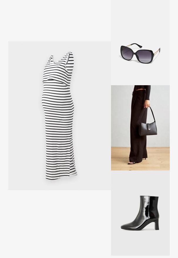 Stripet gravidkjole i svart og hvitt, ermeløs design med en tettsittende silhuett og sideslitt, laget av ribbestrikket stoff.; Sorte patentlær ankle boot med spiss tå og en mellomhøy blokkhelt. Glatt tekstur og minimalistisk design.; Sorte oversized solbriller med gradient linser, tykke rammer og detaljering med gulltonekjede på tempelarmene.; Svart håndveske med strukturert form, jevn tekstur og metallisk lås. Kombinert med brede svarte bukser og sandaler med åpen tå på tregulv.