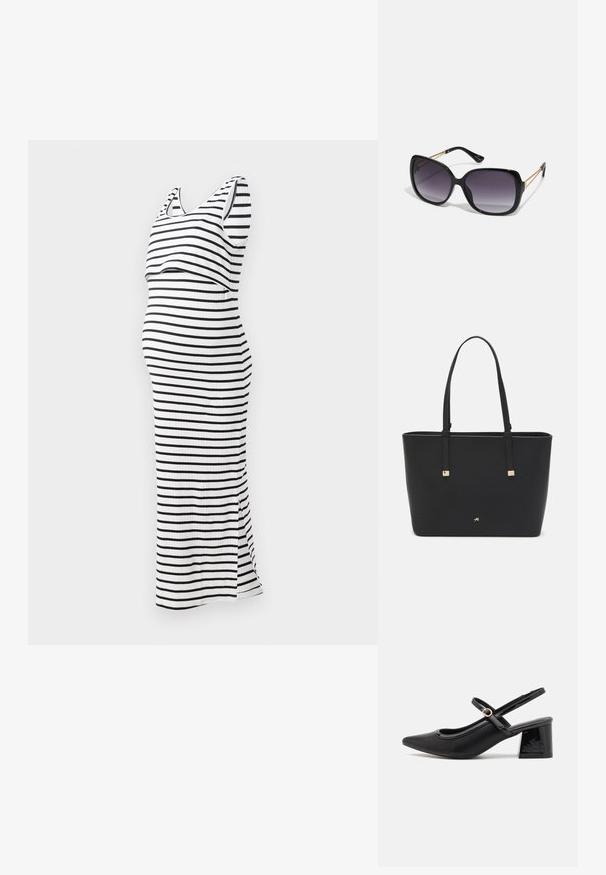 Raitapaita äitiysmekko mustavalkoisena, hihaton malli, jossa on vartalonmyötäinen siluetti ja sivuhaarukka, valmistettu ribbikankaasta.; Musta lakattu nahka slingback-korkokengät, joissa on terävä kärki, pyöreä aukko-muotoilu ja lohkokorko. Varustettu kultasävyisellä solkiyksityiskohdalla.; Mustat ylisuurten kehysten aurinkolasit, joissa on liukuväri-linssit, paksut kehykset ja kultasävyiset ketjustuskoristeet temppeleissä.; Mustat olkalaukku, joka on valmistettu synteettisestä materiaalista, yksinkertainen suorakulmainen muotoilu, kultaiset nelikulmaiset yksityiskohdat ja kaksoiskahvat.