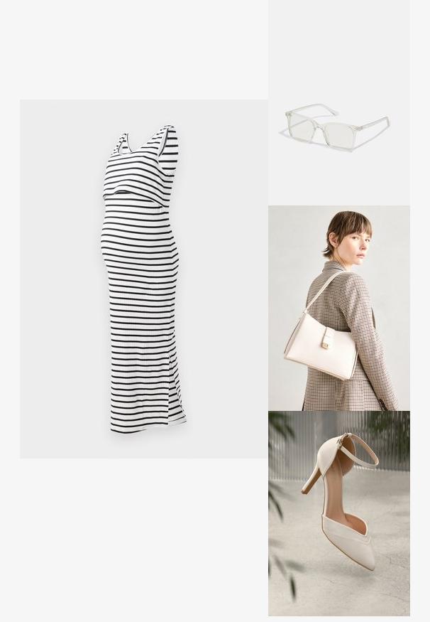 Vestido de maternidade riscado em preto e branco, design sem mangas com silhueta ajustada e fenda lateral, feito em tecido canelado.; Shoe de salto alto branco em material suave com bico pontudo e tira no tornozelo. Apresenta um interior em tom claro de bege e detalhes em tom dourado.; Óculos quadrados de plástico transparente com lentes translúcidas, apresentando detalhes em dourado nas hastes.; Bolsa de mão em couro branco com um design estruturado, apresentando um fecho magnético e uma alça de ombro, exibida sobre um fundo neutro.