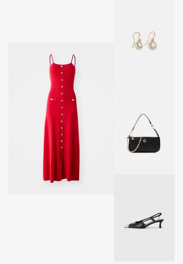 Robe maxi tricotée rouge avec des bretelles fines, fermeture à bouton sur le devant et deux poches appliquées. Présente une texture côtelée et une silhouette ajustée.; Chaussure slingback en cuir noir avec un bout pointu et un capuchon métallique doré. Présente un design découpé et un talon fin avec une sangle ajustable.; Sac à main noir avec une texture lisse, doté d'une bandoulière en chaîne dorée, d'une fermeture éclair et d'un emblème décoratif doré à l'avant.; Boucles d'oreilles en ton or avec des cristaux transparents en forme d'ovale entourés de plus petits cristaux transparents, dotées d'un design à crochet pour un port sécurisé.