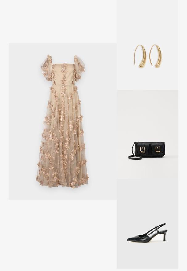 Rochie lungă, fără bretele, din mătase bej, cu mâneci din tul transparent, împodobită cu aplicații florale brodate în nuanțe de roz și crem.; Pantofi cu toc slingback negri din patent, cu vârf ascuțit, cu imprimeu de șarpe texturat, curea ajustabilă și toc scurt texturat.; Geantă neagră din piele, tip crossbody, cu două buzunare frontale, catarame aurii, închidere cu fermoar și o curea subțire. Suprafață texturată și formă rectangulară compactă.; Cercei din metal auriu, cu un design curbat și alungit. Au o suprafață netedă și strălucitoare, cu un vârf rotunjit pentru un detaliu suplimentar.