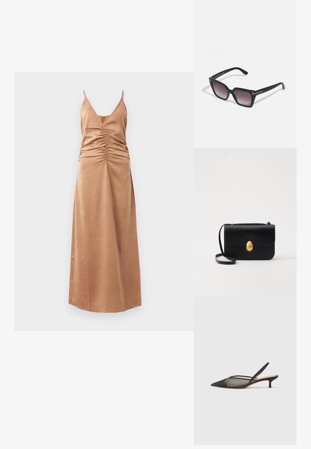 Ruskea, hihaton maksimekko, jossa on v-kaula-aukko ja poimutettu yksityiskohta sivuilla. Sileä pinta, jossa on hienovarainen kuosi, ulottuu nilkkoihin.; NEOUS IRENA - Avokkaat - black; Mustat ylisuuruiset aurinkolasit geometrisen muotoisilla huuruilla, joissa on kultaiset yksityiskohdat varsissa. Valmistettu kestävästä muovimateriaalista.; Musta nahkakäekott struktureeritud ristküliku kujuga. Varustatud kuldse ovaalse lukuga ja õhukese õlalindiga. Sile tekstuur.