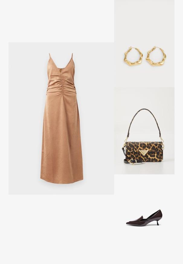 Ruda, be rankovių maksi suknelė su V formos iškirpte ir susiraukšlėjimais šonuose. Lygus tekstūrinis paviršius su subtiliu raštu, siekia kulkšnis.; Rudų patentuotų odos batų su smailiais pirštų galiukais, žema stileto pakulne ir elegantiška siluetu, su šiek tiek pakelta pirštine.; Leopardo rašto rankinė iš tekstūruoto dirbtinio odos, su auksinės spalvos trikampiu akcentu ir nuimamu peties diržu.; Auksiniai žiediniai auskarai su banguotu, tekstūruotu dizainu. Turintys ploną vielinį užsegimą ir poliruotą, atspindinčią paviršių.