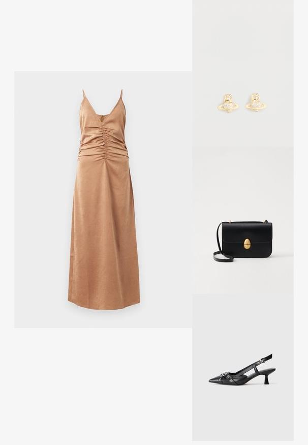Vestido maxi sin mangas marrón, con escote en v y detalles fruncidos a los lados. Textura suave con un patrón sutil, que llega hasta los tobillos.; Zapato de slingback negro de piel con punta afilada, correas decorativas con ojales de metal y un tacón bajo y ancho. Superficie texturizada.; Bolso de mano de cuero negro con forma rectangular estructurada. Presenta un cierre ovalado dorado y una delgada correa para el hombro. Textura suave.; Pendientes destud de tono dorado con un diseño de Saturno, que presentan una banda texturizada y cristales circulares incrustados para un brillo adicional.