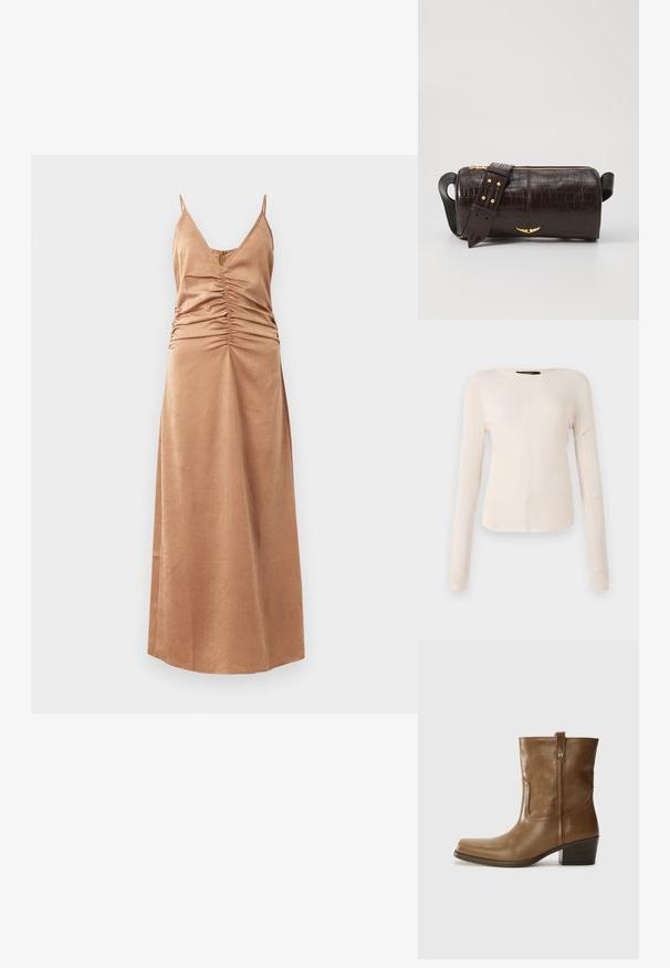 Abito maxi senza maniche marrone con scollatura a V e dettagli arricciati lungo i lati. Tessuto liscio con motivo sottile, arriva fino alle caviglie.; Maglietta a maniche lunghe di colore beige chiaro con scollatura rotonda. Realizzata in tessuto morbido, presenta una cucitura centrale e un orlo leggermente curvato. Senza hardware visibile.; Stivale alla caviglia in pelle marrone con punta quadrata, finitura testurizzata e tacco basso incassato. Dotato di un pratico tassello posteriore e dettagli di cucitura sottili.; Borsa in pelle stampata a coccodrillo marrone con forma cilindrica, accessori in tonalità oro e una tracolla staccabile con borchie.