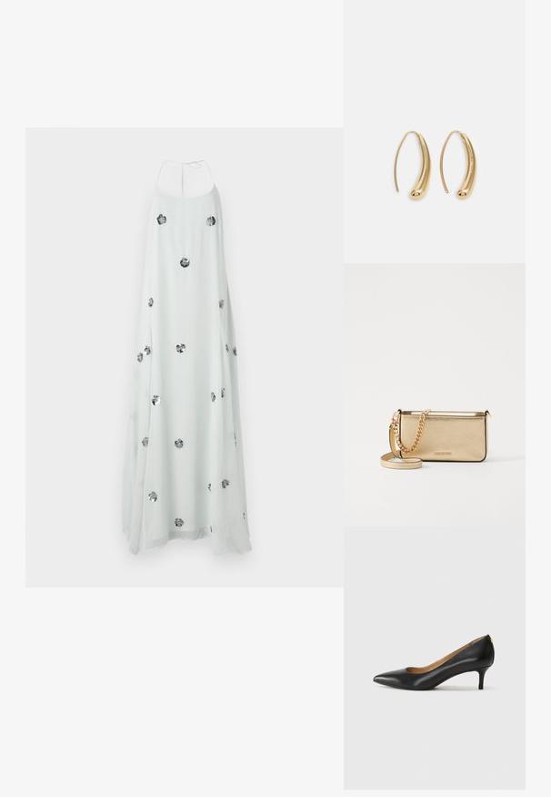 Vestido maxi branco com decote halter, apresentando aplicações de flores prateadas por toda a peça. O tecido leve e fluido cria uma textura suave.; Sapato de salto alto em pele preta com bico fino, salto baixo e textura suave. Apresenta uma ligeira abertura na parte da frente e mínima ferragem na parte de trás.; Clutch de couro dourado metálico com um acabamento texturizado, apresentando uma alça de corrente dourada e uma alça de ombro removível. Logotipo da marca em relevo.; Brincos em metal dourado com forma de arco alongado e curvado. Apresentam uma superfície lisa e brilhante, com uma ponta arredondada para um detalhe adicional.