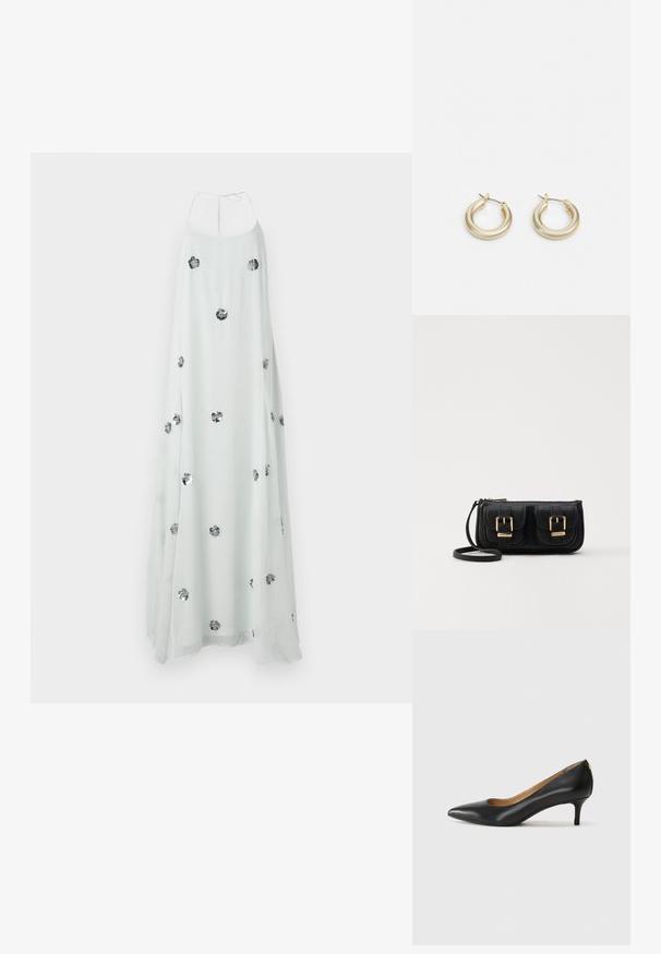 Fehér maxi ruha nyakpánttal, ezüst virág díszítésekkel. A lágy, könnyű anyag finom textúrát kölcsönöz.; Fekete bőrpumpa hegyes orral, alacsony sarokkal és sima felülettel. Elöl enyhe nyílással rendelkezik, hátul pedig minimális részletezéssel.; Fekete bőr keresztbody táska két elülső zsebbel, arany csattokkal, cipzáras záródással és vékony pánttal. Textúrált felület és kompakt téglalap alak.; Lauren Ralph Lauren BASIC SMALL HOOP - Fülbevalók - gold-coloured