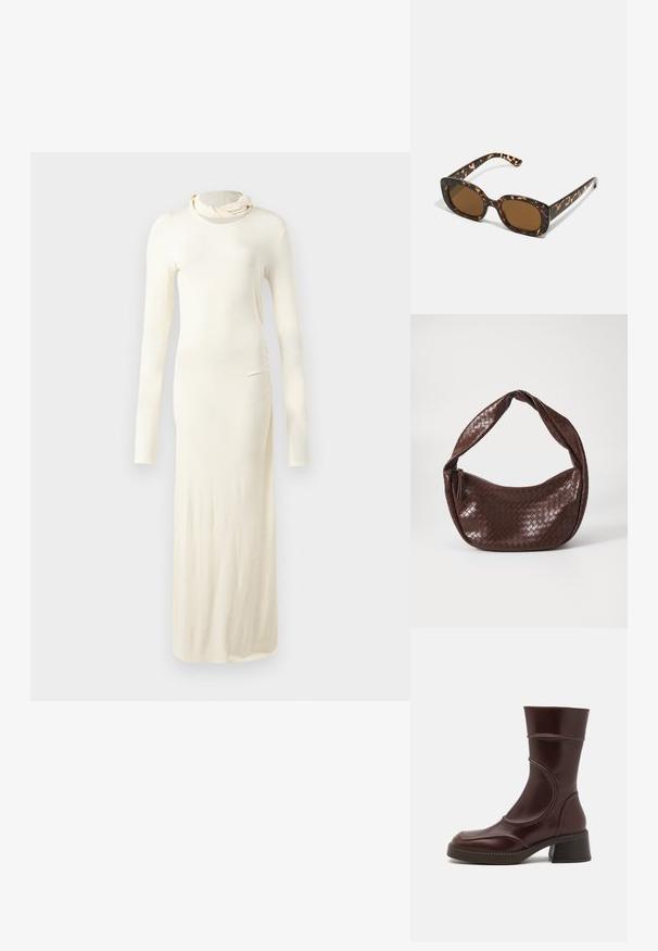 Vestido de manga longa, em cor creme, feito de tecido suave. Apresenta uma gola alta e um silhueta ajustada com detalhe franzido nas laterais.; MIISTA MALENE - Botas clássicas de cano curto - brown; Óculos de sol tartaruga com uma armação redonda e robusta e lentes castanhas. Apresenta padrões subtis e hastes direitas e afinadas.; Bolsa de mão em pele trançada castanha com uma alça curva e atada e um fecho com zíper. Textura suave e forma arredondada.