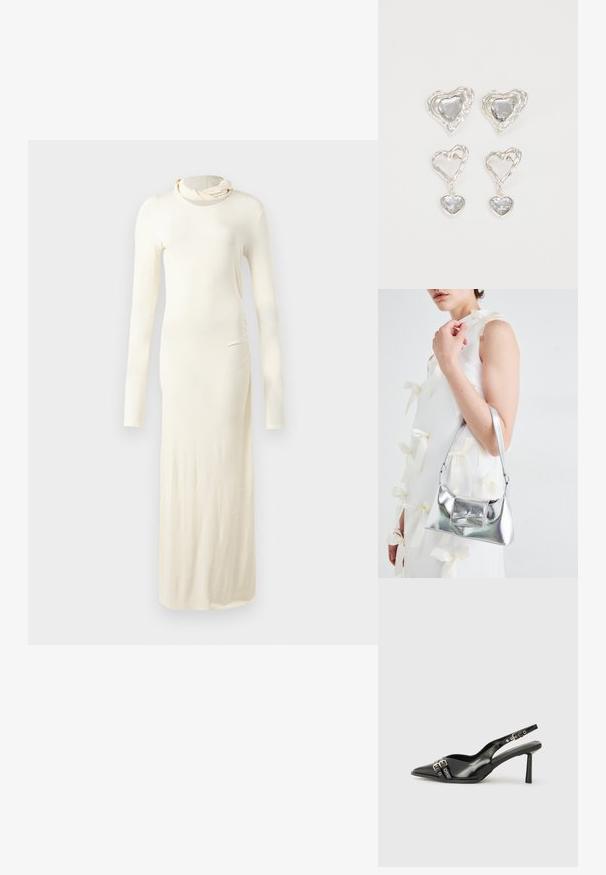 Ilga rankovė, grietinėlės spalvos suknelė pagaminta iš minkštos medžiagos. Turi aukštą iškirptę ir prigludusią siluetą su šoninėmis raukinukais.; Juodas lakuotas odinis batelis su smailiu pirštu, kulkšnies dirželiais su sidabrinėmis sagtimis ir detalėmis, bei plonu kulnu.; Sidabrinė metalinė rankinė su struktūrizuota forma, turinti viršutinę rankeną ir kaspiną priekyje. Lygi tekstūra, atspindinti apdaila.; Sidabrinės širdelės formos auskarai puošti facetuotais skaidriais akmenimis, su tekstūruotu rėmu. Rinkinį sudaro tiek auskarai-stud, tiek kabančios formos.