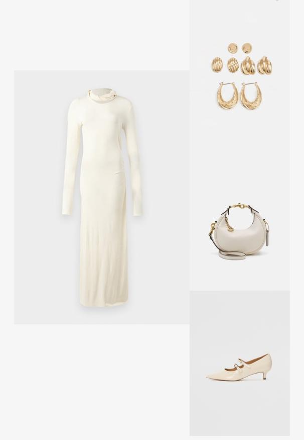 Dlouhá rukáv, krémově zbarvená šaty vyrobené z měkké tkaniny. Mají vysoký výstřih a přiléhavý siluetu s bočním řasením.; Béžové lakované baleríny Mary Jane s dvěma nastavitelnými přezkami, špičatou špičkou a nízkým podpatkem. Hladký povrch s lesklým vzhledem.; Krémová kožená kabelka s půlměsíčním tvarem, zlatými kovovými detaily, černými akcenty a odnímatelným popruhem. Obsahuje řetízkový detail a visačku.; Souprava náušnic ve zlatém tónu, která obsahuje tři páry: texturované oválné náušnice, náušnice s vlnitým designem a velké kruhové náušnice s vrstvenými rýhami.
