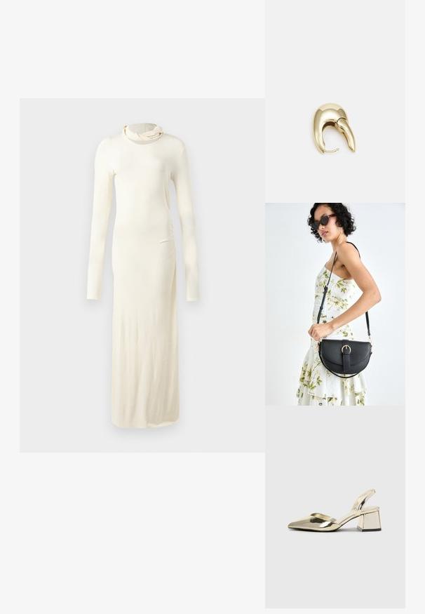 Langærmet, cremefarvet kjole lavet af blødt stof. Har en høj krave og en tætsiddende silhuet med detalje af stræk på siden.; Guld, metalliske slingback-hæle med spids tå og kraftig hæl. Glat tekstur, minimalistisk design og en smal strop.; Sort læderhåndtaske med en buet form, aftagelig rem og guldfinish. Tasken har en klap med en spænde detalje.; Guldtonet metal ørering med et slankt, buet design. Har en karakteristisk spids form, poleret overflade og hængselåbning.
