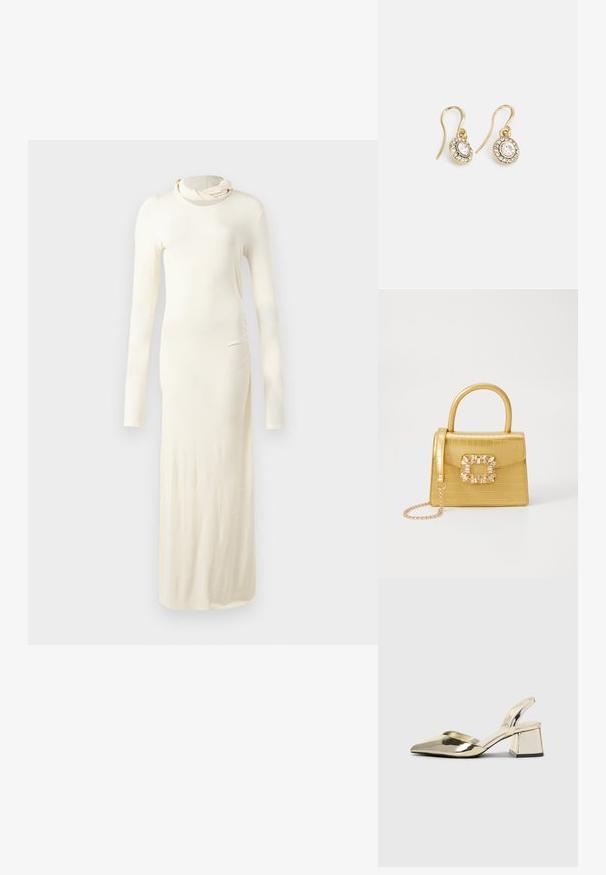 Långärmad, krämfärgad klänning gjord av mjukt tyg. Har en hög halsringning och en figurnära silhuett med detaljer av sidofåll.; Guld, metalliska slingback-klackar med spetsig tå och chunky klack. Slät textur, minimalistisk design och en smal rem.; Gul faux-krokodilhandväska med en strukturerad design, topphandtag, avtagbar kedjesladd och dekorativa kristalldekorationer på klämman.; Guldtonade örhängen med ovalformade klara kristaller omgivna av mindre klara stenar, med en krokdesign för säker användning.
