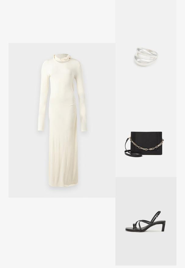 Šaty s dlhým rukávom v krémovej farbe vyrobené z jemného materiálu. Majú vysoký golier a priliehavý strih s detailom na bokoch vo forme nariasenia.; Čierne sandále na vysokom podpätku so štvorcovou špičkou a nízkym blokovým podpätkom. Obsahujú viacero tenkých popruhov a nastaviteľný členkový popruh. Vyrobené z hladkej kože.; Čierna kožená crossbody taška s hladkou textúrou, obdĺžnikovým tvarom a kovovým reťazovým detailom na prednej strane. Súčasťou je nastaviteľný popruh.; Strieborný prsteň s dvojitým pásikom s hladkým, lesklým povrchom. Má plynulý, zakrivený dizajn s prekryvajúcimi sa časťami pre moderný vzhľad.