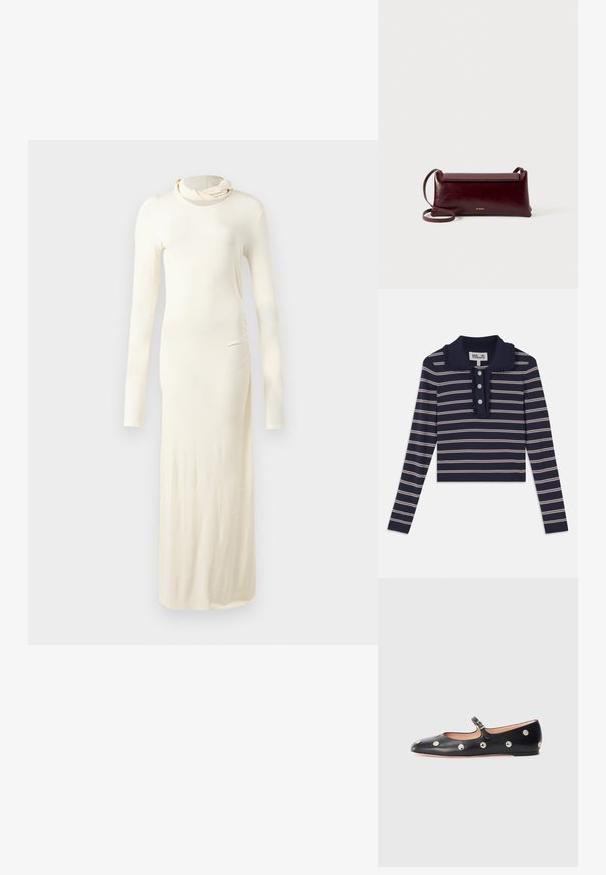 Garā piedurkņu, krēmkrāsas kleita, izgatavota no mīksta auduma. Iezīmē augstu kakla izgriezumu un pieguļošu siluetu ar sānu rušēšanas detaļām.; Jūras spēku garām piedurknēm krekls ar rozā horizontālām svītrām, ruffled apkakli un triju pogu aizdari priekšā; izgatavots no mīksta, elastīga materiāla.; Melna ādas Mary Jane līdzena zābaku ar noapaļotu purngalu, kurā ir sudraba apaļie kniedes un regulējama siksniņa ar sprādzi.; Burgundijas krāsas ādas pleca soma ar gludu tekstūru, taisnstūra formu, vāciņa aizdari un plānu regulējamu siksnu. Redzams zelta logo elements.