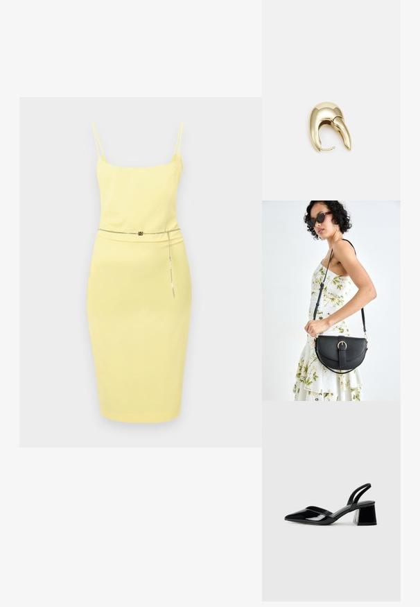 Geel midi-jurkje met dunne bandjes, een getailleerde pasvorm en een kettingriem die de taille accentueert. Gladde textuur, minimalistisch ontwerp.; Zwarte gepatineerde leren slingback hakken met een spitse neus en een geometrische blokhak. Kenmerkt zich door een slank, minimalistisch ontwerp en een gladde textuur.; Zwarte leren handtas met een gebogen vorm, afneembare schouderband en gouden hardware. De tas heeft een klep met een gespsluiting.; Gouden metalen oorbel met een slank, gebogen ontwerp. Beschikt over een kenmerkende puntige vorm, gepolijste oppervlakte en scharnier sluiting.