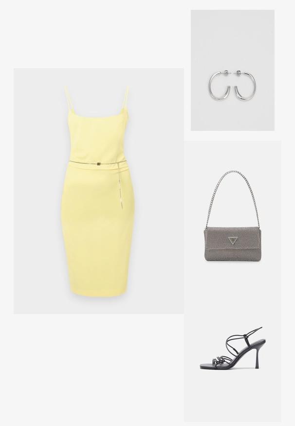 Dzeltena midi kleita ar plānām siksniņām, pieguloša forma un ķēdes josta, kas akcentē vidukli. Gluda virsma, minimālisma dizains.; Melnas augstpapēžu sandales ar plāniem siksniņām un mezgla dizainu, gluda kvadrātveida purngalu un elegantu stiletto papēdi.; Gaiši pelēka metāla rokassoma ar ķēdes siksnu, rotāta ar mazām apaļām metāla kniedēm un trīsstūra zīmola logo.; Sudraba riņķveida auskari ar gludu, spīdīgu apdari. Apaļas formas, viegla dizaina, ar aizdari uz stieples.