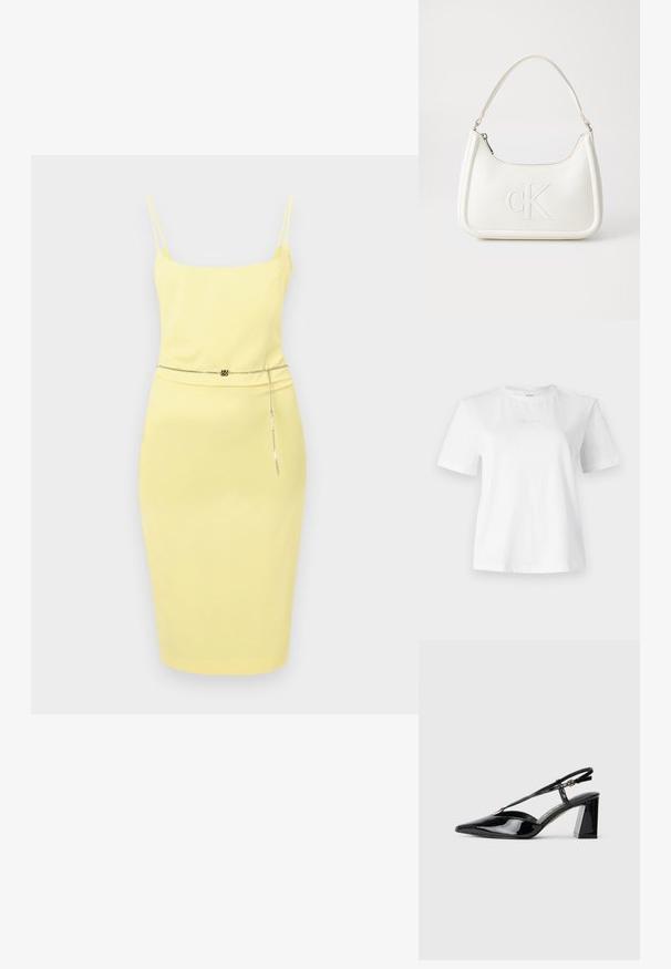 Rumena midi obleka z tankimi naramnicami, prilegajočega kroja in verižnim pasom, ki poudarja pas. Gladka tekstura, minimalističen dizajn.; Bela bombažna majica s kratkimi rokavi, klasičnim ovratnikom in subtilnim embosiranim logotipom Calvin Klein spredaj. Gladka tekstura, klasičen kroj.; Črne lakirane slingback visoke pete z ostrim nosom, nastavljivim trakcem in debelim pravokotnim peto.; Bela usnjena torbica s ukrivljeno obliko, ki na sprednji strani nosi vžgano logo "CK" in ima eno naramnico. Zadrga za zapiranje na vrhu.