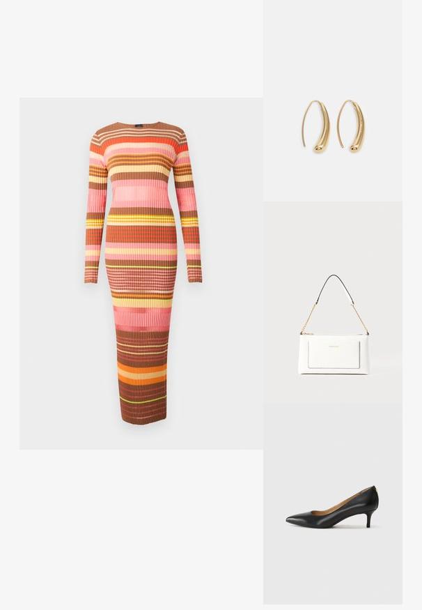 Adīta midi kleita ar garām piedurknēm, ar horizontālām svītrām brūnā, rozā un dzeltenā krāsā. Visā kleitā ir ribota tekstūra.; Melnas ādas augstpapēžu kurpes ar pīlādžu purngalu, zemu papēdi un gludu virsmu. Raksturīga neliela atvere priekšā un minimāls aprīkojums aizmugurē.; Baltā ādas rokassomu ar teksturētu apdari, ar zelta ķēdes siksnu un melniem akcentiem. Iekļauj priekšējo kabatu un aizdari ar rāvējslēdzēju.; Zelta toņu metāla gredzena auskari ar izliektu, pagarinātu formu. Ar gludu, spīdīgu virsma un noapaļotu galu papildu detaļām.