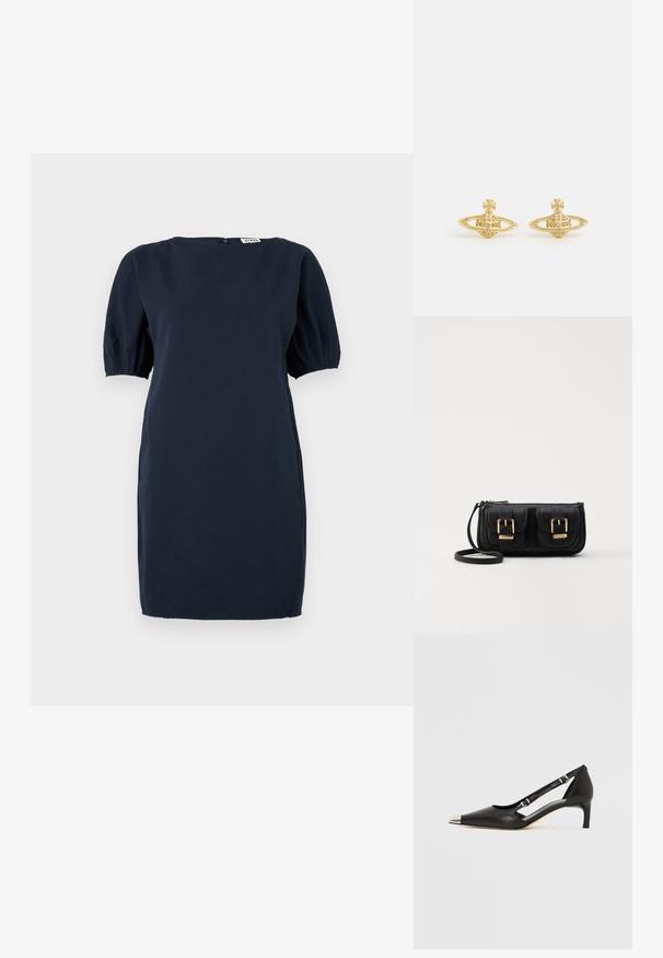 Rochie bleu marin cu mânecă scurtă, cu decolteu rotund și închidere cu fermoar la spate, confecționată dintr-un material neted și moale.; Pantof de damă din piele neagră cu toc kitten, vârf ascuțit argintiu și două curele cu cataramă, pe fundal alb.; Geantă neagră din piele, tip crossbody, cu două buzunare frontale, catarame aurii, închidere cu fermoar și o curea subțire. Suprafață texturată și formă rectangulară compactă.; Vivienne Westwood MINI BAS RELIEF EARRINGS - Cercei - gold-coloured