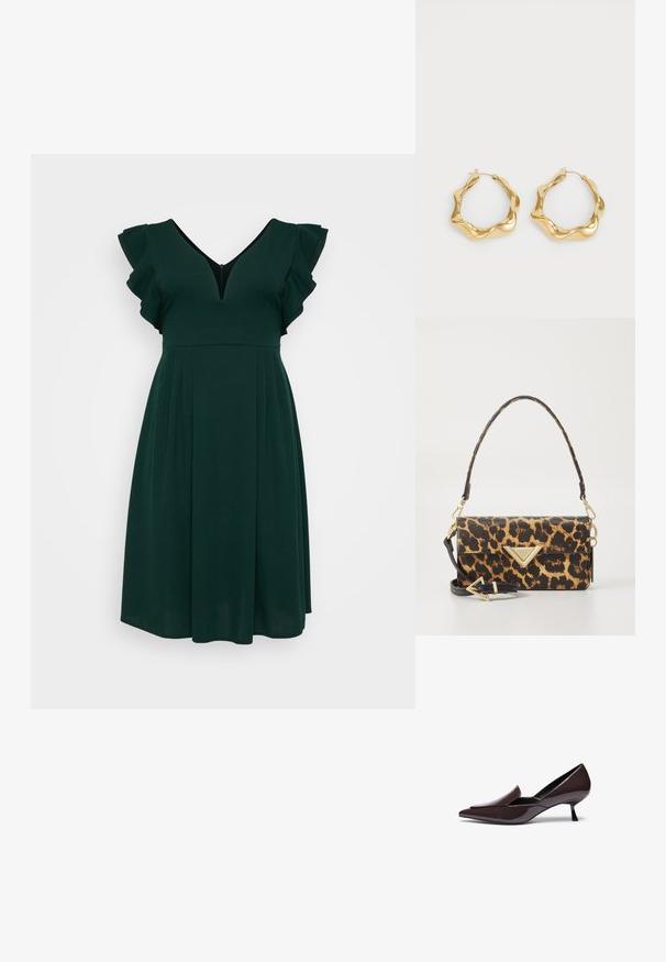 Zelené šaty po kolená z jemnej tkaniny, s výstrihom do V, volánovými krátkymi rukávmi a plisovanou sukňou. Jednoduchý a elegantný dizajn.; Špičaté lodičky v tmavo hnedej lakovej koži s nízkym stiletto podpätkom a elegantným siluetou, s mierne zvýšeným nártom.; Kabelka s leopardím vzorom z texturovanej umelej kože, s zlatým trojuholníkovým detailom a odnímateľným popruhom na rameno.; Zlaté kruhové náušnice s vlnitým, textúrovaným dizajnom. Obsahujú tenké drôtové zapínanie a lesklý, reflexný povrch.