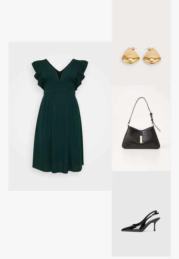 Zelené šaty po kolena z jemné tkaniny, s výstřihem do V, rýhovanými krátkými rukávy a skládací sukní. Jednoduchý a elegantní design.; Černé lakované kožené lodičky na slingback s špičatou špičkou a štíhlým podpatkem. Obsahují nastavitelné sponky vzadu. Hladká textura.; Černá kabelka vyrobená z materiálu s embosovaným krokodýlím vzorem, s trojúhelníkovým tvarem, štíhlým ramenním popruhem a zlatým kovovým detailem uprostřed.; Náušnice z kovu ve zlatém tónu s hladkým, zaobleným trojúhelníkovým tvarem a designem na zadní upevnění; lesklý povrch s minimálními detaily.