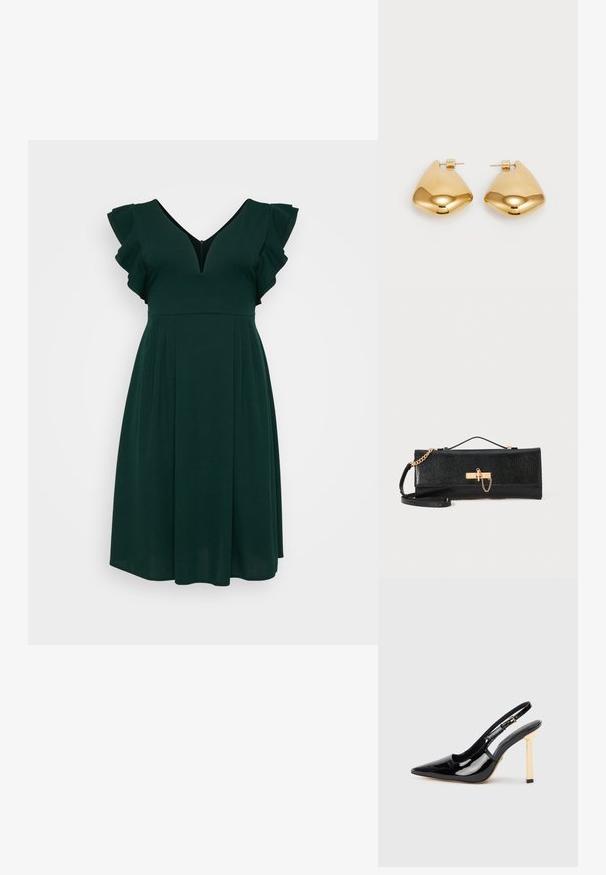 Zelena haljina do koljena izrađena od mekog materijala, s V-izrezom, volanastim kratkim rukavima i plisiranom suknjom. Jednostavan i elegantan dizajn.; Crna lakirana kožna cipele s visokom petom, otvorenom petom, s šiljastim vrhom i zlatnim četvrtastim detaljem na peti. Sadrži podesivu kopču oko gležnja.; Crna clutch torba s teksturiranim završetkom, zlatnom lancem za nošenje i zatvaranjem na kopču. Pravokutnog oblika s elegantnim, minimalističkim dizajnom.; Zlatne metalne naušnice sa glatkim, zaobljenim trokutastim oblikom i dizajnom s postavljanjem na poleđini; reflektirajuća površina s minimalnim detaljima.